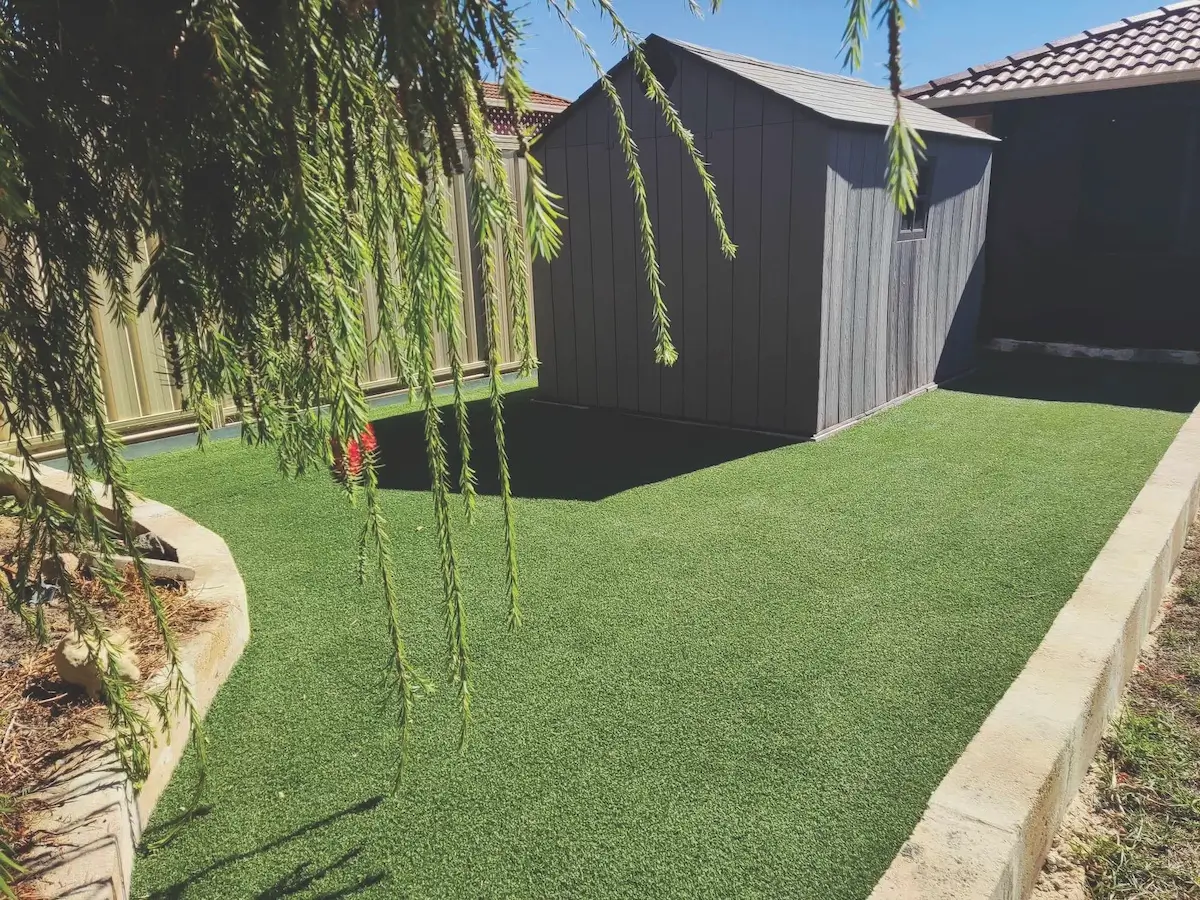 A small gray garden shed, built with quality Construction and Maintenance Solutions, sits on artificial grass in a fenced backyard, partially shaded by overhanging tree branches. A stone border lines a garden bed to the left.